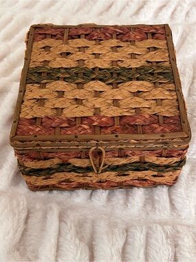 Vintage 1960s Braided Basketweave Sewing Chest Green Trim Satin Interior